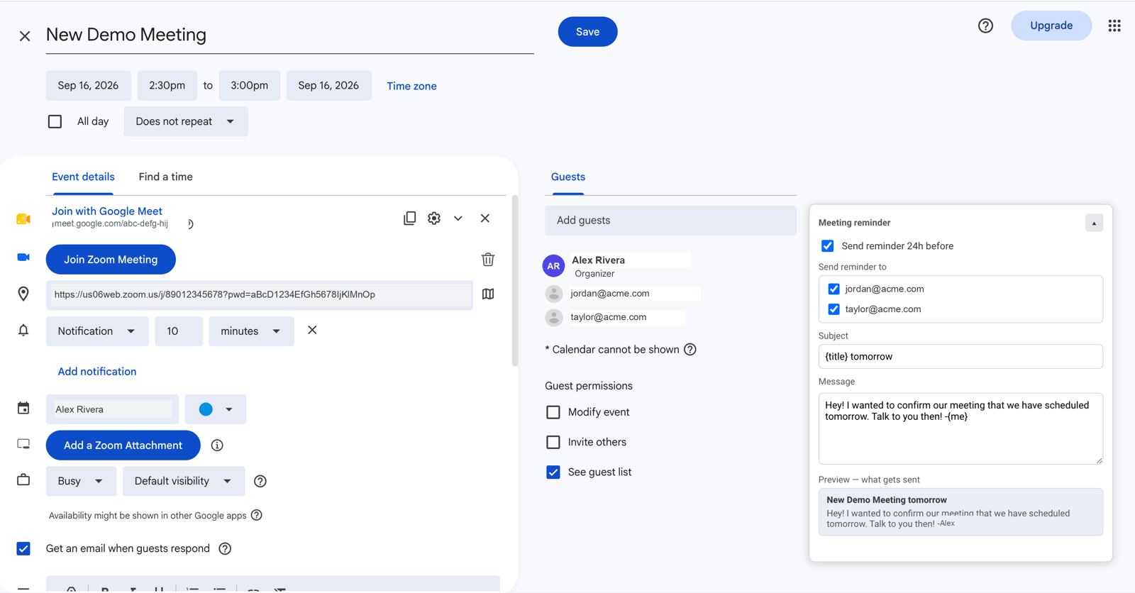 CalConfirm's 'Send reminder 24h before' box inside a Google Calendar event, sending a personal reminder to the guests